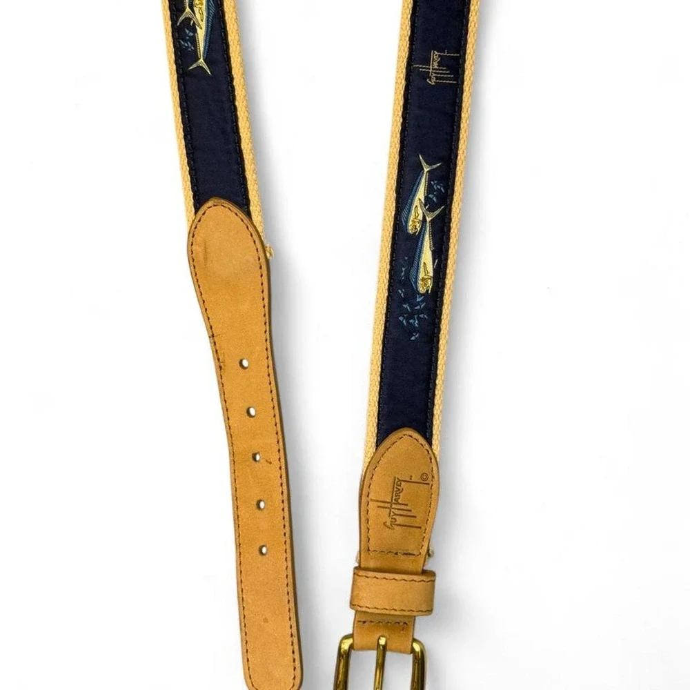 Guy Harvey Mens 38 Leather Tab Ribbon Belt Mahi Mahi Dolphin Fish Navy Tan